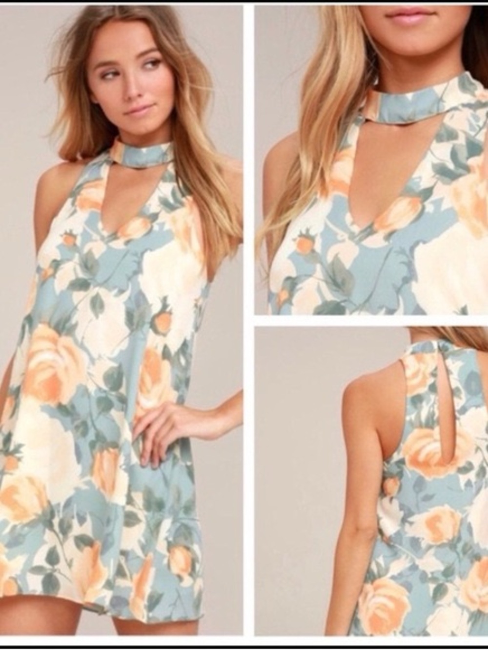Lulu's Peach Floral Choker Neck Shift Dress — Dusty Blue & Peach